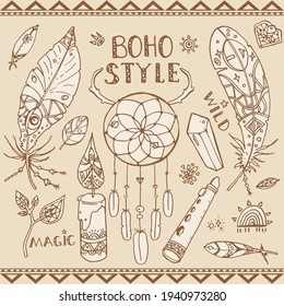 Estilo Boho. Está decorado con Dreamcatcher, cristales, plumas, flauta y diferentes objetos. Estilo de caricatura. Para diseño textil o de impresión.
