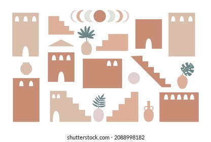 Boho style set of geometry architecture elements. Abstract buildings with Moroccan stairs, walls, arcs, plants in pots, sun and moons.  Contemporary aesthetic vector illustration.