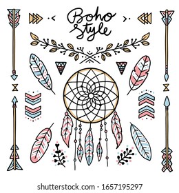 boho style set hand drawn vector illustration in sketch style; hippie or hipster design