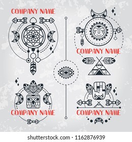 Boho style set of logos. Vector bohemian logotypes. Tribal style. Logotypes with dreams catcher, feathers, arrows, moon, owl, hamsa. Vector boho style elements. Set of totem signs