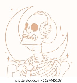 Boho style skeleton with moon and headphones, vector art