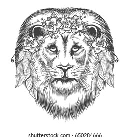 Boho style sketch lion. Vector hand drawn lion with flowers and feathers