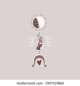 Boho style sun, rainbow, floral moon. Design concept ready to use for poster, apparel, card. Vector romantic illustration