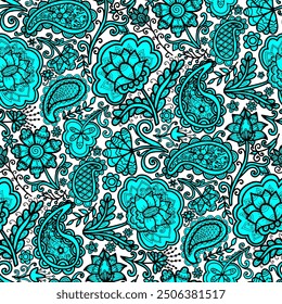 Boho style, swirl pattern, black and blue. Seamless floral pattern-370.