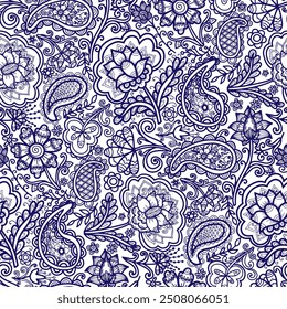 Boho style, swirl pattern, white and blue colors. Seamless floral pattern-373.