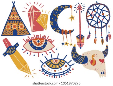 Boho Style Symbols Set, Indian Tent, Buffalo Skull, Dream Catcher, Eye, Arrow, Dagger Vector Illustration