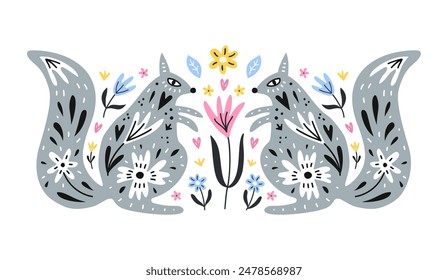 Boho style two ornate squirrels composition. Forest animals with floral patterns design on the flower background. EPS 10 vector hand-drawn illustration. 