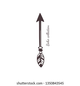 Boho style vector Arrow for tattoo, icon, flyers,cards .  Bohemian tribal  Decor element for design