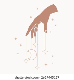 Boho style vector art, female hand holding moon, beige colors