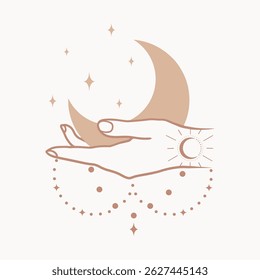 Boho style vector art, female hand holding moon, beige colors