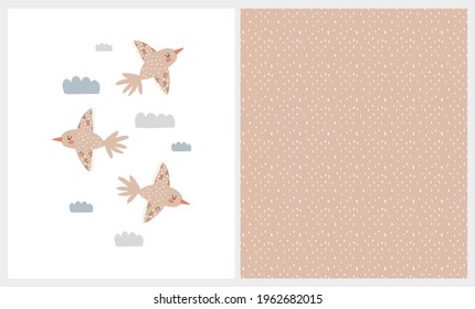 Boho Style Vector Card and Abstrac Seamless Pattern. Simple Illustration with Birds and Clouds on a White Background. Irregular Geometric Repeatable Print With White Daubs on a Light Brown.