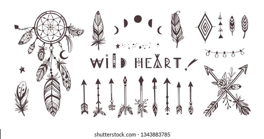 Boho style vector collection for tattoo, icon, flyers,cards with dreamcatcher ,feathers,moon,wild,arrows.  Bohemian tribal set