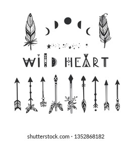 Boho style vector collection for tattoo, icon, flyers,cards with  feathers,arrows.  Bohemian tribal set