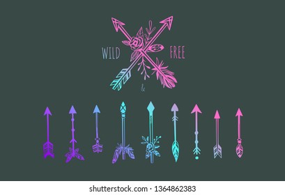 Boho style vector collection for tattoo, icon, flyers,cards with  feathers,arrows.  Bohemian tribal set