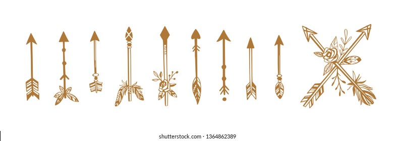 Boho style vector collection for tattoo, icon, flyers,cards with  feathers,arrows.  Bohemian tribal set