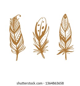 Boho style vector collection for tattoo, icon, flyers,cards with  feathers  Bohemian tribal set