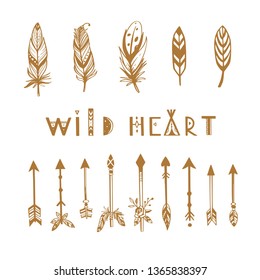 Boho style vector collection for tattoo, icon, flyers,cards with  feathers  Bohemian tribal set