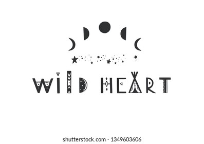 Boho style vector concept for tattoo, icon, flyers,cards with  moon phases.  Bohemian tribal collection. Handwritten lettering