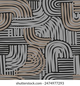 Boho style vector seamless texture with organic striped shapes. Earth tones endless background. Contemporary art poster, wallpaper, wall, mural, home textile, bedding, package, fabric. 