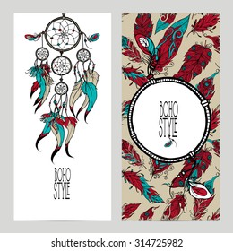 Boho style vertical banner set with sketch dreamcatcher and feathers isolated vector illustration