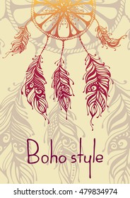 Boho style vertical banner set with sketch dream catcher and feathers isolated vector illustration.