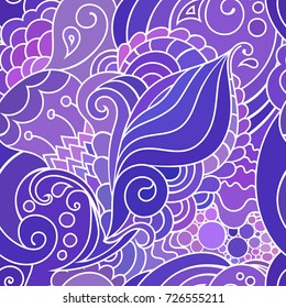 Boho style violet textile pattern with waves and curles. Colorful oriental zentangle style seamless background.
