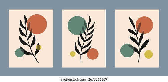 Boho Style Wall Art Set With Abstract Leaves And Shapes