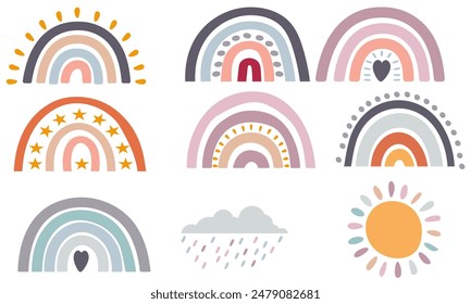 Boho style weather graphics with rainbows, raincloud and the sun isolated on a white background