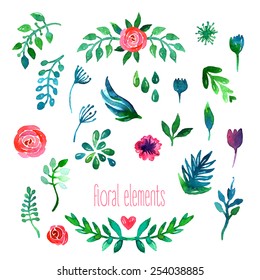 Boho style wedding invitation elements set.  Watercolor illustration.