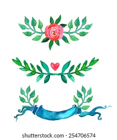 Boho style wedding invitation elements set.  Watercolor illustration.