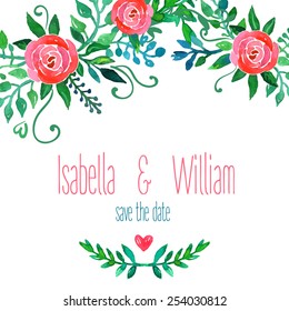 Boho style wedding invitation template. Watercolor illustration.