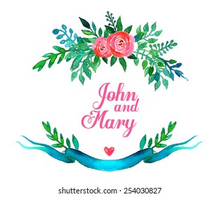 Boho style wedding invitation template. Watercolor illustration.