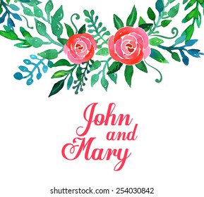 Boho style wedding invitation template. Watercolor illustration.