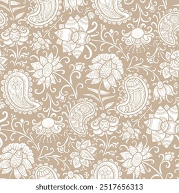 Boho style, white ornamental flowers, beige background. Seamless floral pattern-399.