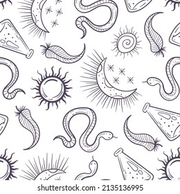 Boho style witch magical esoteric alchemy seamless wrapping hand drawn graphic design illustration pattern