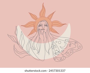 Boho style woman hand drawn abstract simple line, Female portrait and nocturnal butterfly wings with sacred magic. Symbol of mystery in minimal linear. Vector design illustration.