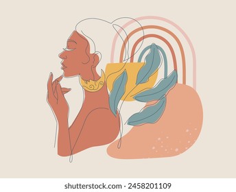 Boho style woman hand drawn abstract simple line, Side view portrait of female and nature of tropical leaves, Symbol of mystery in minimal linear. Vector design illustration.
