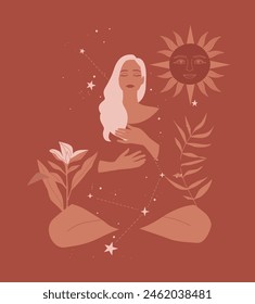 Mujer de estilo boho meditar en posición de loto, La calma de una hermosa chica en el día, El lanzamiento de hechizos o magia negra y la naturaleza de las hojas tropicales y el sol, la Ilustración vectorial.