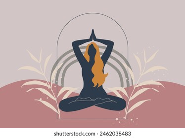 Mujer de estilo boho meditar en posición de loto, La felicidad y serenidad de una hermosa chica en estilo abstracto, El lanzamiento de hechizos o magia negra y la naturaleza de las hojas tropicales, diseño de Vector.