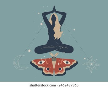 Boho style woman meditating in lotus position, casting spells, Fortune telling and astrology, Black magic in abstract and natural style of tropical leaves, Moths and sacred stars. Vector design.