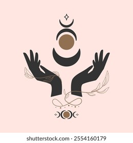 Boho style Woman open hands and crescent with moon and floral elements. Alchemy esoteric magic symbol logo sign. Esoteric spiritual fashion print with girl hands and moon phases. Vector illustration