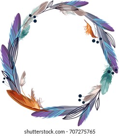 Boho style wreath of feathers and herbs. Hand drawn vector illustration.