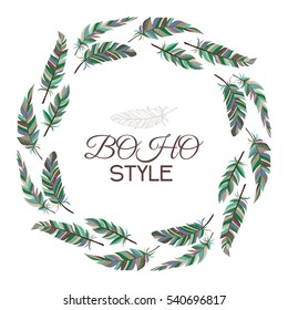 Boho style. Wreath of vintage feathers on a white background.