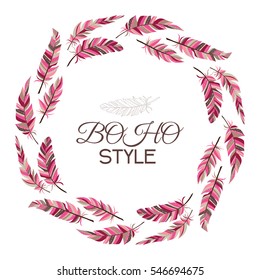 Boho style. Wreath of vintage feathers on a white background.