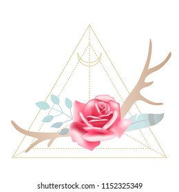 Boho styled beautiful pink rose with deer antlers, feather and leaves. Sacred geometry Moon triangle on background. Design element, vector illustration