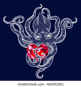 Boho styled design of octopus with rubin heart in his tentacles. Editable vector illustration.