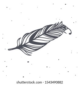 Boho styled feather. Vector decorational element, tattoo sketch, doodle .