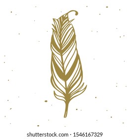 Boho styled feather. Vector decorational element, tattoo sketch, doodle .