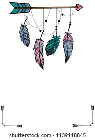 Boho styled frame/border with hand drawn feathers and an arrow. Space for your text. Perfect for greeting cards, invitations, posters