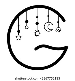 Boho stieß den Buchstaben g. Himmelsschreiben. Vektorgrafik.